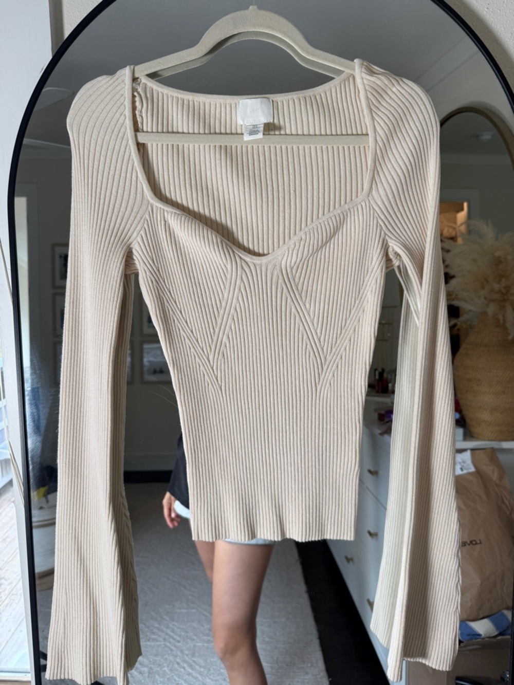 H&M Ribbed Scoop Neck Long Sleeve Top - Beige